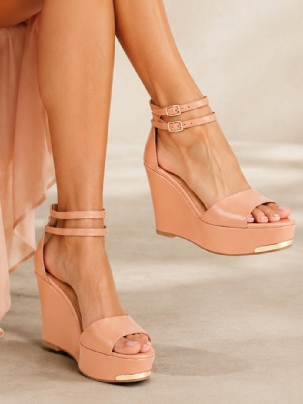 G.I.L.I. Wedge Platform Heels Apricot Peach Gold Peep Toe Double Strap Sandals
